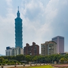 Flower Tower Photo: A beautifully landscaped garden of flowers with the Taipei 101 building in the background.